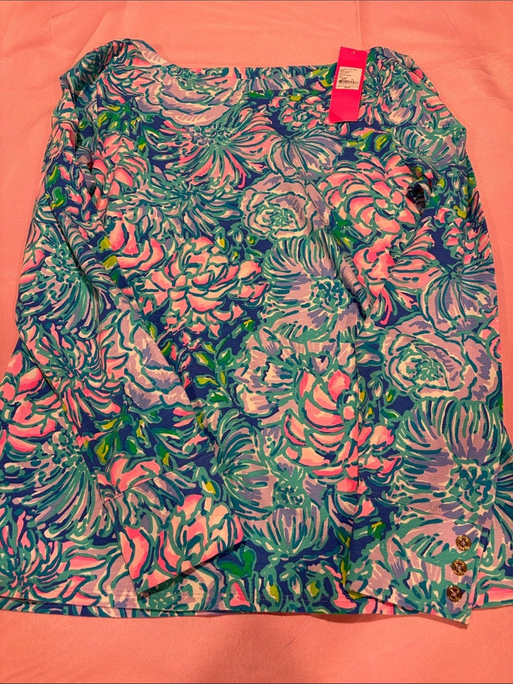 Lilly Pulitzer Aleah Top XL In Full Bloom Floral Long Sleeve Gold Button NWT